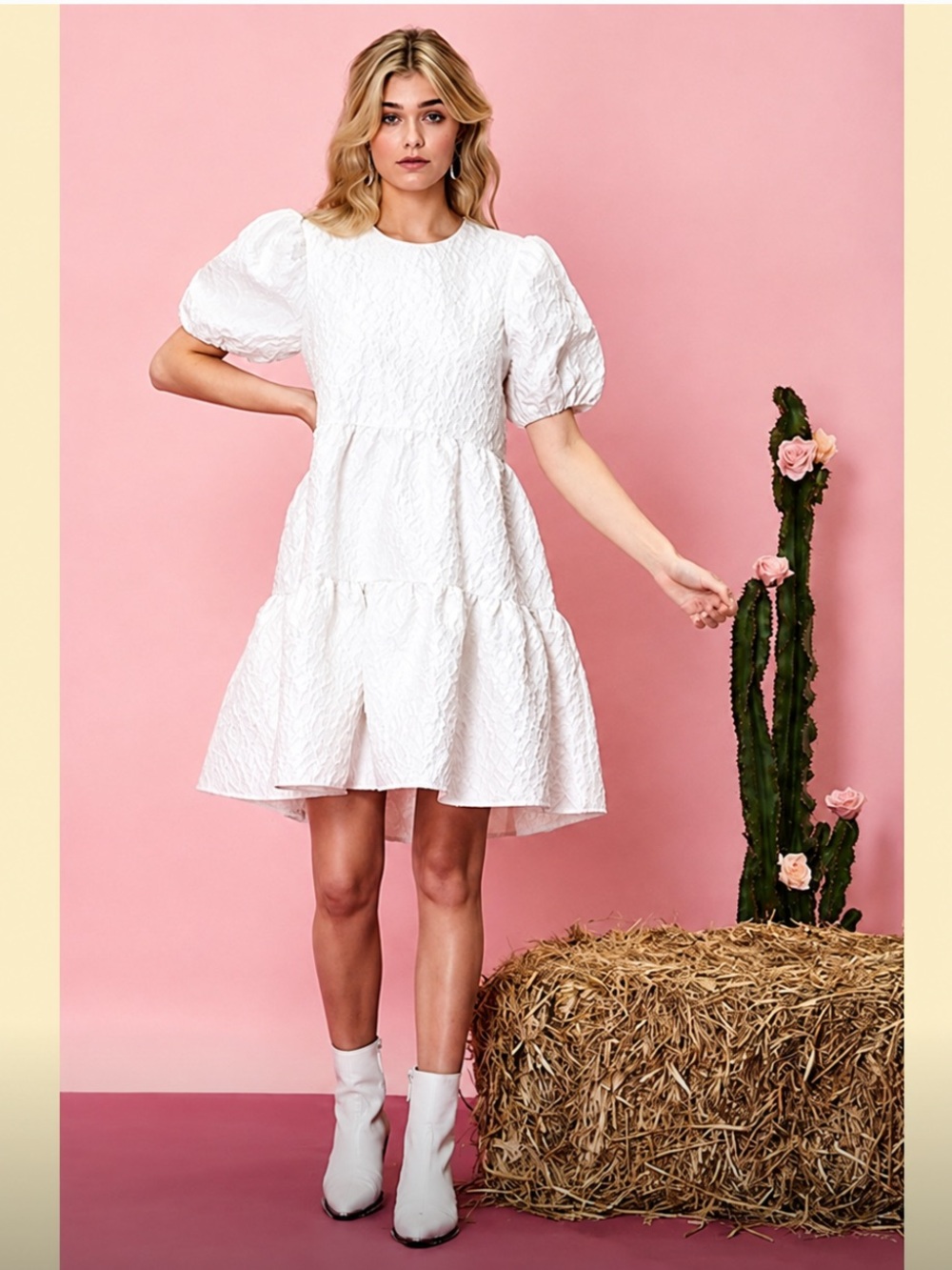 SISTER JANE White Textured Puff-Sleeve Tiered Dress